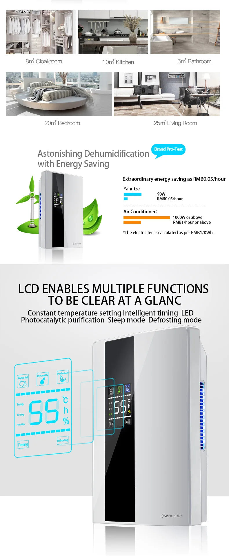 Dehumidifier and Air Purifier 2 in 1 Moisture Absorber Household Mute Bedroom Basement Remote Control Timing External Water Pipe