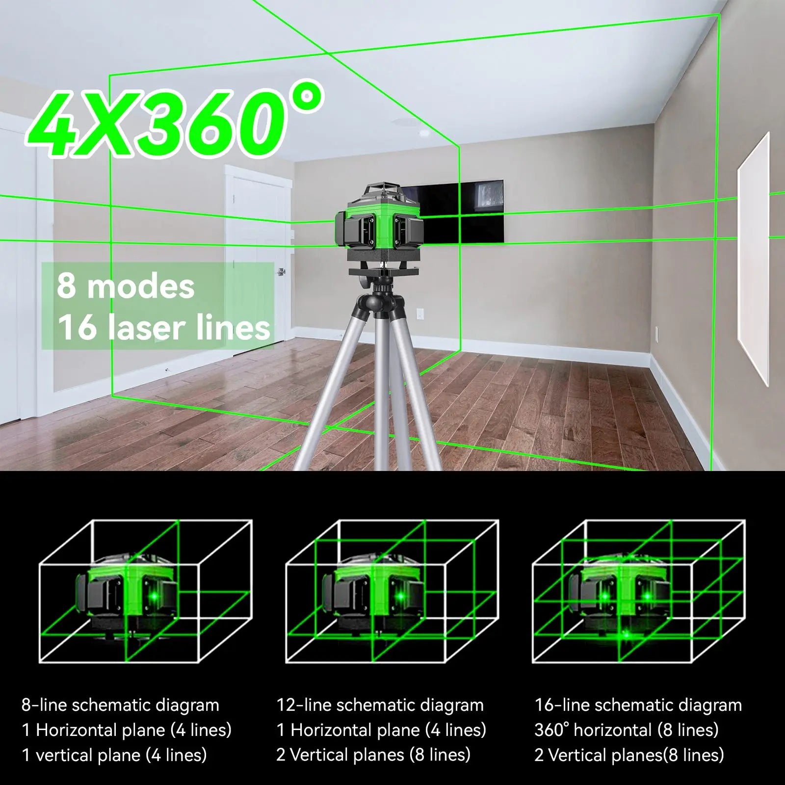 8/12/16 Lines Laser Level 3° Selfleveling Function Leveling Tool Omnidirectional Ground Wall Sticker Line with 1.2M Tripod Stand