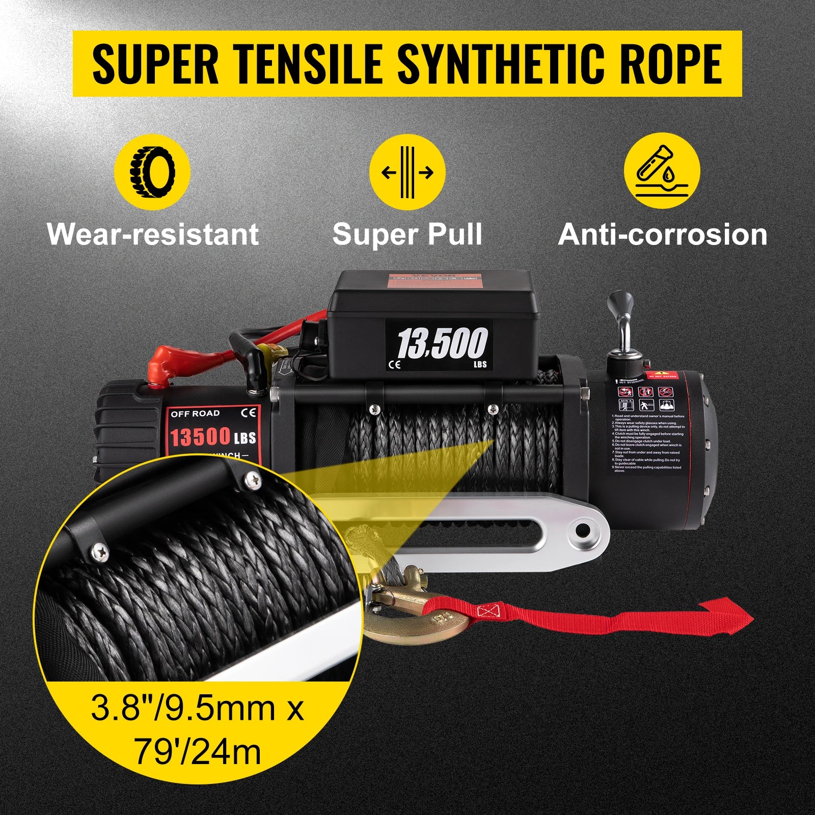 VEVOR Electric Winch 12v 13500lbs 24M Synthetic Rope with Remote Control for 4X4 Car Trailer ATV Truck Off Road Boat