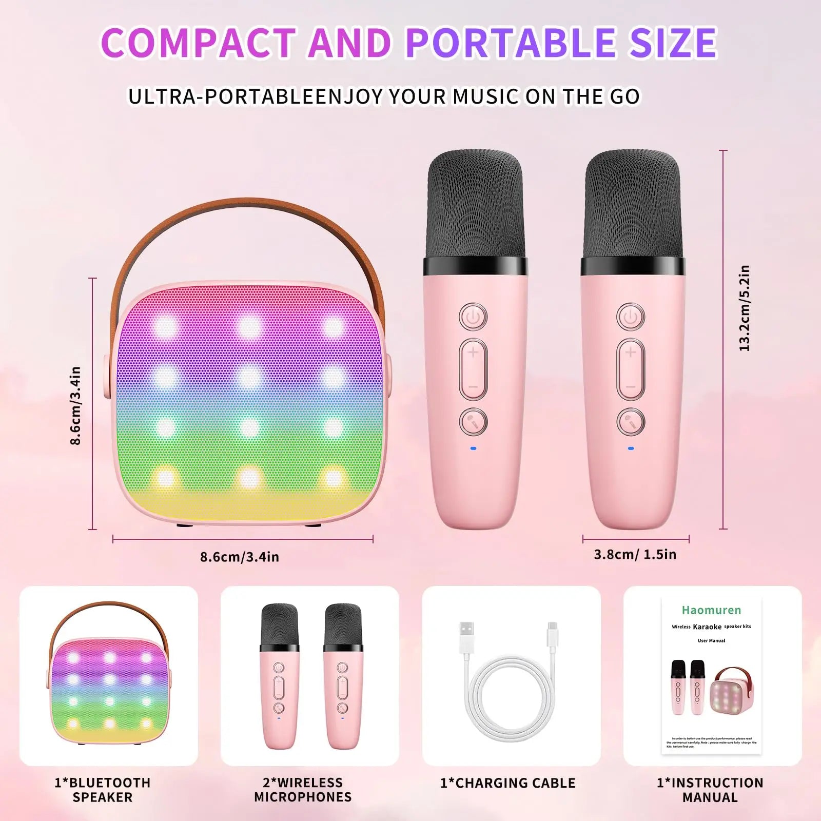 Haomuren Mini Karaoke Machine Portable Bluetooth 5.3 PA Speaker with 2 Wireless Microphones for Home Family Singing Gift K12