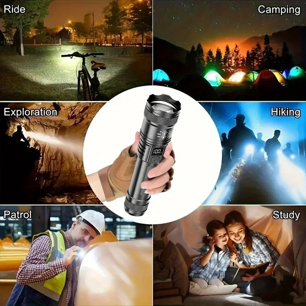 High-power Led Flashlight USB Rechargeable Torch with Display Zoomable Light with Battery Camping Hiking Lantern Emergency Lamp