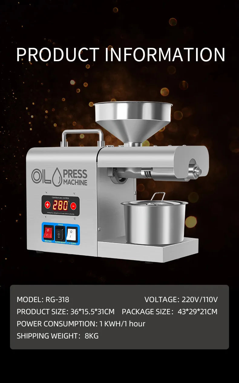 Stainless Steel Oil Press Machine Home Cold/Hot Oil Extractor for Peanut/Sesame/Sunflower Oil Press Machine For Small Business