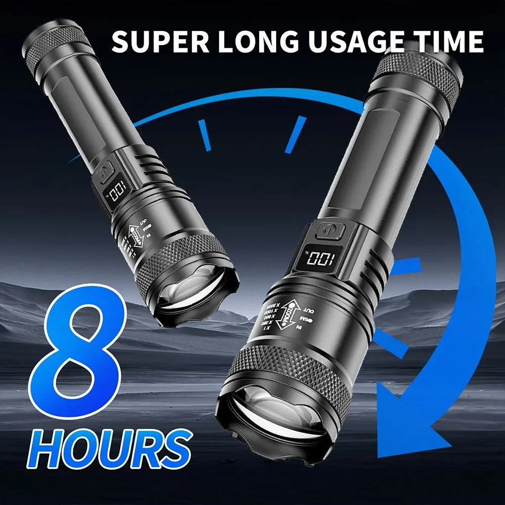 High-power Led Flashlight USB Rechargeable Torch with Display Zoomable Light with Battery Camping Hiking Lantern Emergency Lamp