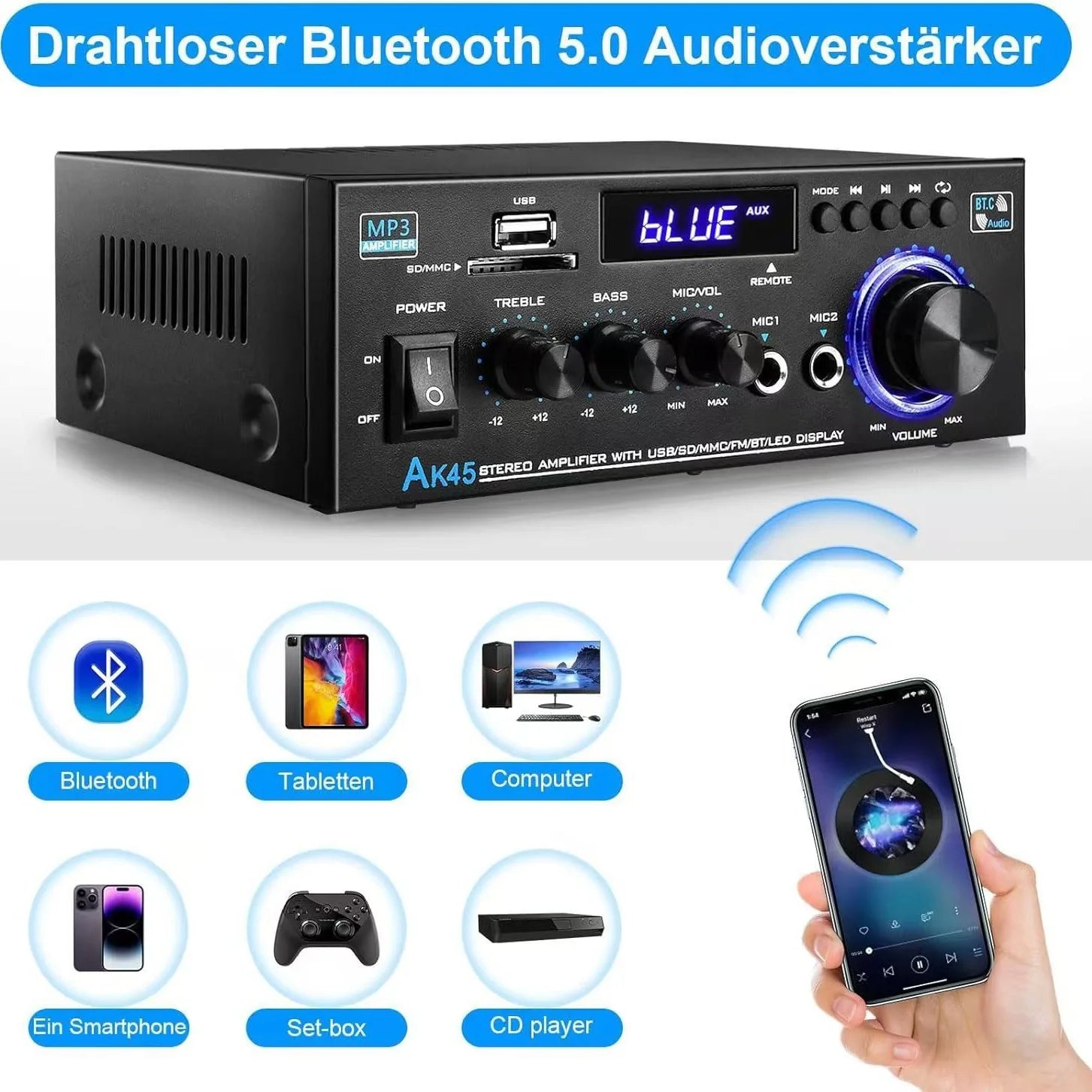 AK45 HiFi Digital Bluetooth Audio Amplifier MP3 Channel 2.0 Sound Power AMP stereo Home Automotive Car for Speakers MAX 350W*2