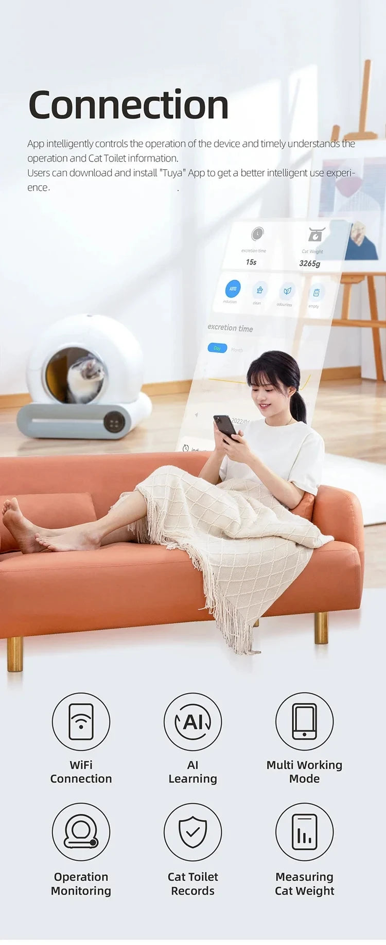 Smart Cat Litter Box Fully Automatic Large Capacity Cat Litter Box Semi-enclosed Smart Cat Toilet APP Remote Control