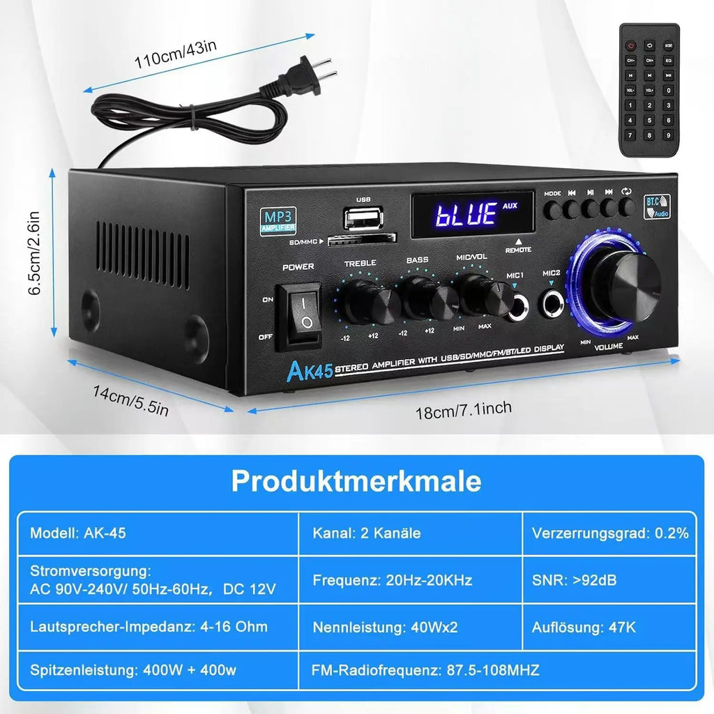 AK45 HiFi Digital Bluetooth Audio Amplifier MP3 Channel 2.0 Sound Power AMP stereo Home Automotive Car for Speakers MAX 350W*2